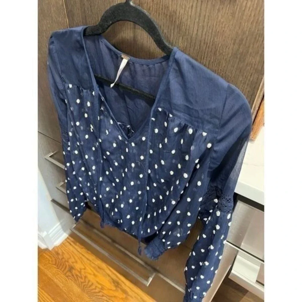 Free People Navy‎ Blue Sheer Polka Dot Embroidered Peasant Blouse Top Size S